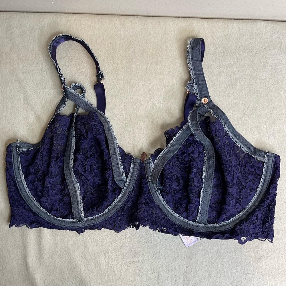 Savage X Fenty Navy Blue‎ Framed in Denim Unlined Demi Bra - Size: 42G
